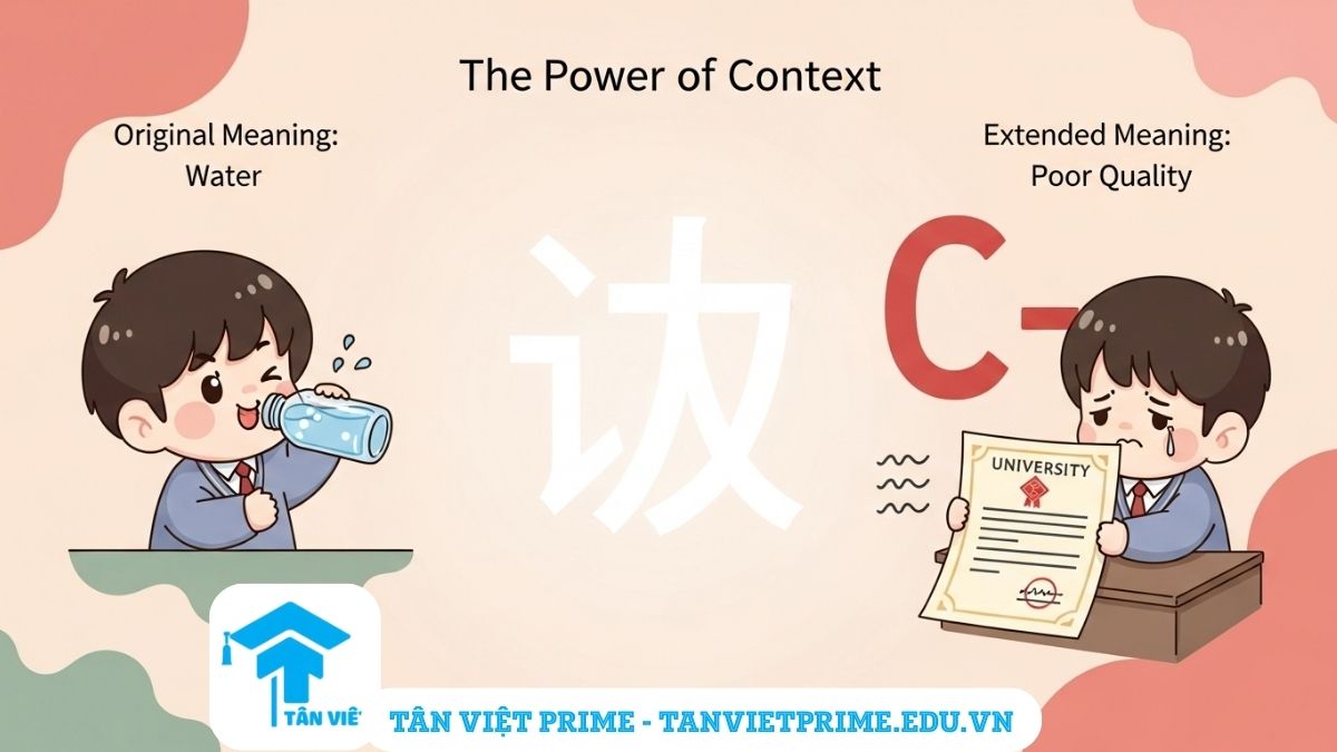 Hình ảnh minh họa từ đa nghĩa tiếng Trung, mô tả chữ '水' với hai cảnh: một người uống nước (nghĩa gốc) và một sinh viên thất vọng về chất lượng học tập (nghĩa chuyển), để làm rõ sự khác biệt giữa nghĩa gốc và nghĩa chuyển.