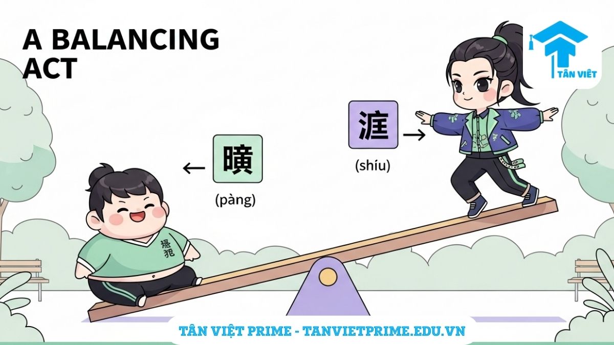 Từ Trái Nghĩa Tiếng Trung (汉语反义词): Cẩm Nang Toàn Diện Từ Tân Việt Prime 2 Hình ảnh minh họa từ trái nghĩa tiếng Trung, mô tả hai nhân vật chibi 'béo' (胖) và 'gầy' (瘦) đang chơi bập bênh để làm rõ khái niệm về sự đối lập trong từ vựng và cách học từ hiệu quả.