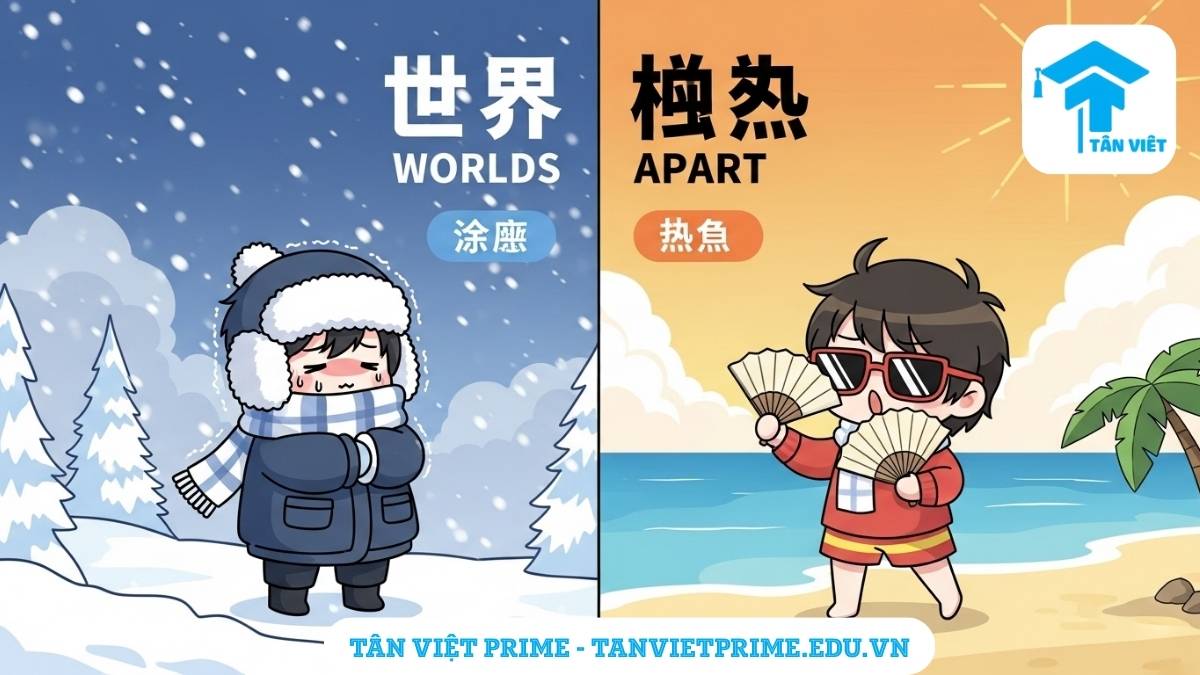 Từ Trái Nghĩa Tiếng Trung (汉语反义词): Cẩm Nang Toàn Diện Từ Tân Việt Prime 3 Infographic giải thích từ trái nghĩa tiếng Trung, mô tả một khung cảnh bị chia đôi thể hiện sự đối lập giữa 'lạnh' (冷) và 'nóng' (热) để làm rõ cách dùng từ vựng so sánh trong các ngữ cảnh khác nhau.
