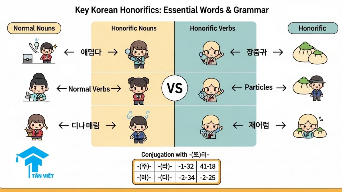 Infographic so sánh từ vựng và cấu trúc ngữ pháp kính ngữ tiếng Hàn, minh họa các cặp danh từ, động từ, tiểu từ thường và kính ngữ, kèm theo ví dụ chia động từ -(으)시-. Hỗ trợ học từ vựng kính ngữ và cách chia động từ hiệu quả.