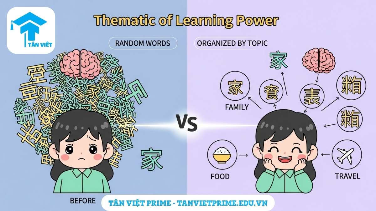 Infographic giải thích lợi ích của việc học từ vựng tiếng Trung theo chủ đề, mô tả sự so sánh giữa việc học từ rời rạc gây bối rối và học theo chủ đề giúp hệ thống kiến thức rõ ràng để làm rõ tầm quan trọng của việc học có phương pháp. Giúp ghi nhớ từ vựng Hán ngữ nhanh hơn.