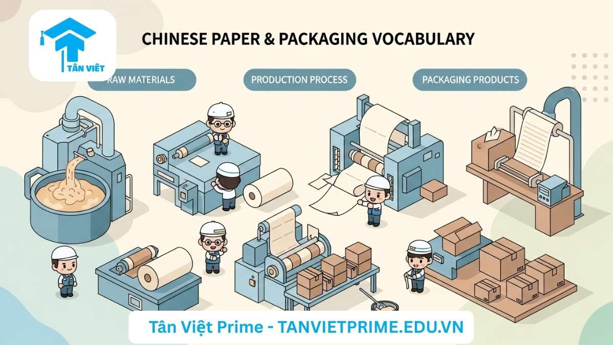 Từ Vựng Tiếng Trung Chuyên Ngành Giấy và Bao Bì | Chi Tiết Từ A-Z Kèm Mẫu Câu 2 Infographic minh họa từ vựng tiếng Trung chuyên ngành giấy và bao bì, mô tả quy trình sản xuất giấy và đóng gói với các nhân vật chibi đáng yêu và thiết bị đơn giản để làm rõ các khái niệm cốt lõi của ngành. Giúp người học ghi nhớ từ vựng hiệu quả và dễ hiểu.