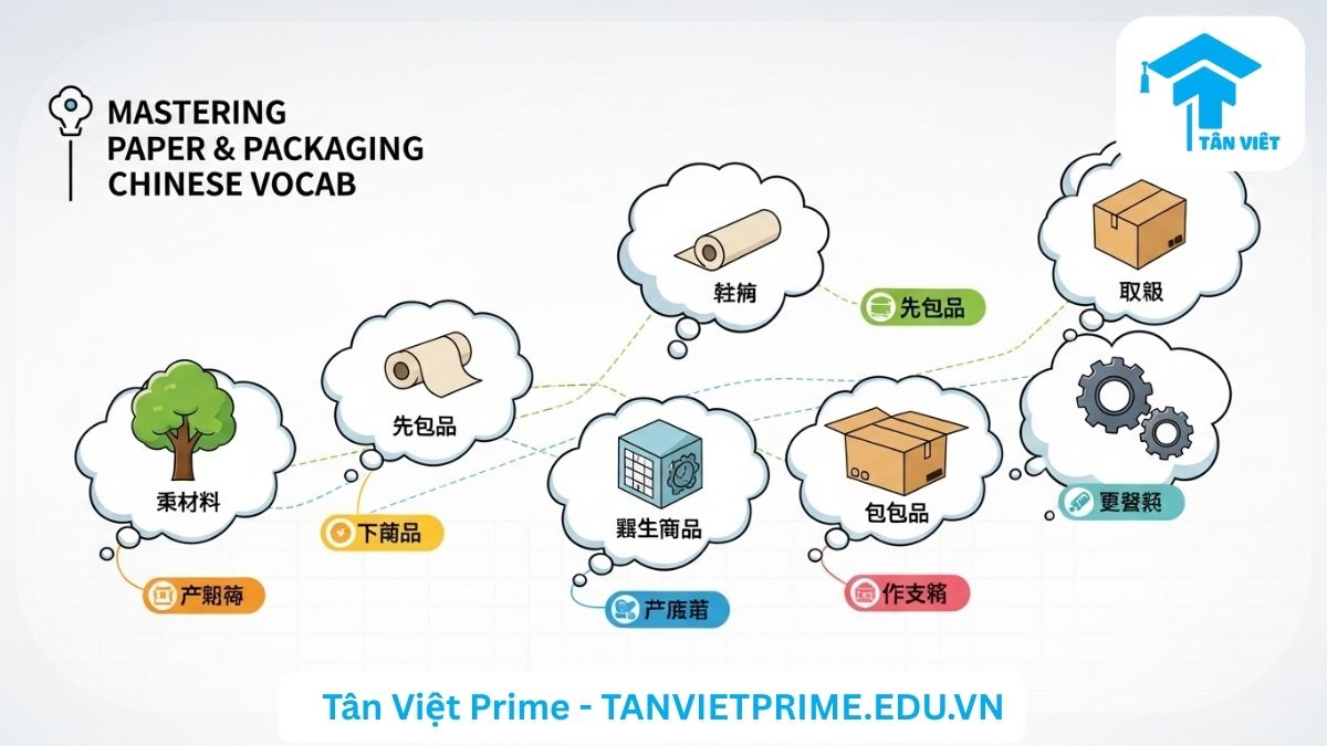 Từ Vựng Tiếng Trung Chuyên Ngành Giấy và Bao Bì | Chi Tiết Từ A-Z Kèm Mẫu Câu 3 Sơ đồ giải thích từ vựng tiếng Trung chuyên ngành giấy và bao bì, mô tả các khái niệm chính qua các icon chibi sáng tạo và dễ thương để làm rõ mối liên hệ giữa các giai đoạn sản xuất và sản phẩm. Hỗ trợ học tập trực quan và hiệu quả.
