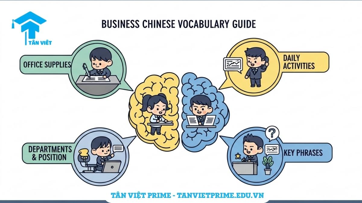 Infographic giải thích Từ vựng tiếng Trung văn phòng, mô tả tổng quan các nhóm từ vựng chính như văn phòng phẩm, hoạt động hàng ngày, phòng ban, chức vụ và mẫu câu giao tiếp để làm rõ cấu trúc học tập. Nâng cao khả năng giao tiếp tiếng Trung công sở.