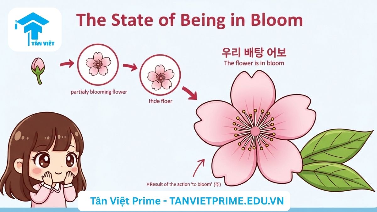Ngữ pháp V-아/어/여 있다: Toàn tập cách dùng & Phân biệt A-Z với -고 있다 3 Hình ảnh minh họa giải thích ngữ pháp tiếng Hàn V-아/어/여 있다, mô tả một bông hoa đang ở trạng thái nở rộ (피어 있어요) là kết quả của hành động "nở" (피다) để làm rõ khái niệm trạng thái tiếp diễn.