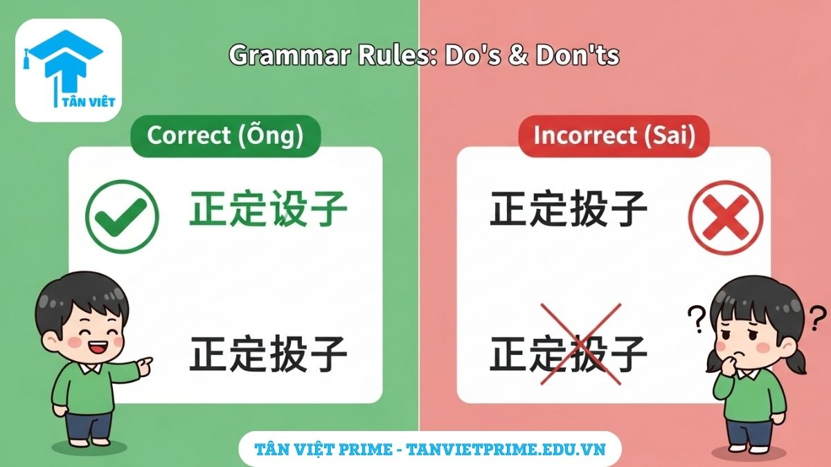 Từ Khu Biệt trong Tiếng Trung (区别词): Hướng Dẫn Toàn Diện A-Z & Phân Biệt Với Tính Từ 3 Infographic giải thích cách dùng đúng và sai của Từ khu biệt, mô tả hai bên so sánh: một bên là ví dụ đúng "大型超市" với dấu tick xanh, bên kia là ví dụ sai "很大型" với dấu X đỏ để làm rõ quy tắc ngữ pháp cốt lõi.