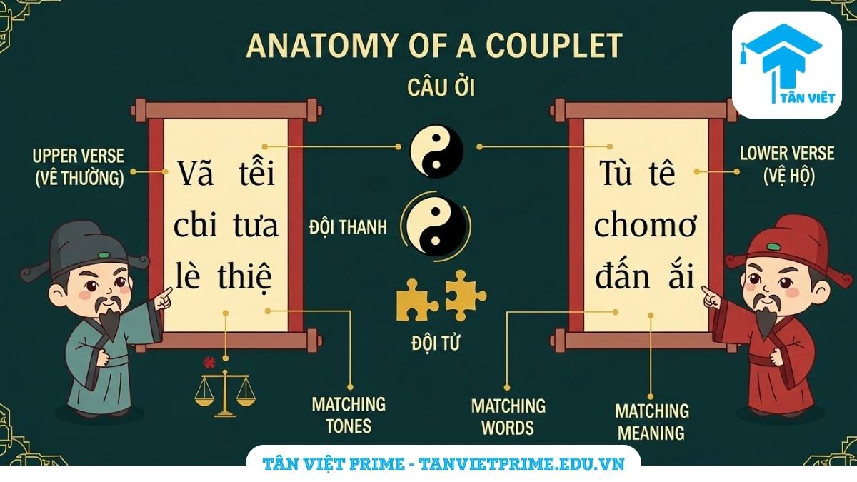 Câu Đối Chữ Hán: Tuyển Tập 101+ Mẫu Hay & Ý Nghĩa Sâu Sắc Nhất 2 Infographic giải thích cấu trúc của một câu đối chữ Hán, mô tả hai ông đồ chibi giải thích các quy tắc đối xứng về ý, thanh và từ trên hai cuộn thư pháp để làm rõ các yếu tố tạo nên một cặp câu đối chuẩn. Giúp người xem hiểu nhanh về nghệ thuật văn học này.