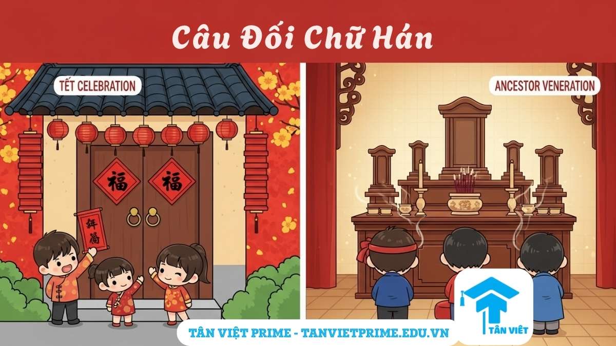 Câu Đối Chữ Hán: Tuyển Tập 101+ Mẫu Hay & Ý Nghĩa Sâu Sắc Nhất 3 Hình ảnh minh họa ý nghĩa của câu đối chữ Hán trong văn hóa Việt, mô tả cảnh gia đình chibi treo câu đối Tết và không gian thờ cúng gia tiên trang nghiêm với câu đối gỗ để làm rõ hai ứng dụng phổ biến nhất của câu đối. Thể hiện giá trị tinh thần và lòng thành kính.