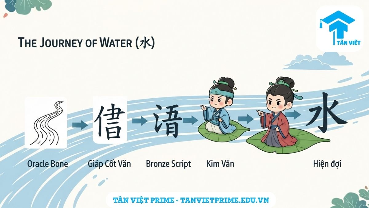 Chữ Thủy (水) và Bộ Ba Chấm Thủy (氵): Hướng Dẫn Toàn Tập A-Z 2 Infographic giải thích nguồn gốc và quá trình tiến hóa của chữ Thủy (水), mô tả sự thay đổi của Hán tự từ dạng Giáp Cốt Văn (hình dòng sông) đến dạng chữ hiện đại, giúp người học dễ dàng ghi nhớ.