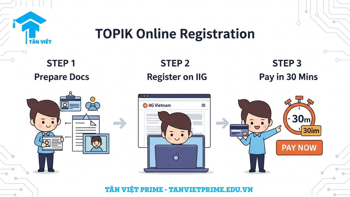 Sơ đồ minh họa 3 bước đăng ký và thanh toán lệ phí thi TOPIK online, mô tả quy trình từ chuẩn bị hồ sơ đến thanh toán trong 30 phút để làm rõ các bước cần thiết. Hướng dẫn đăng ký thi TOPIK thành công.