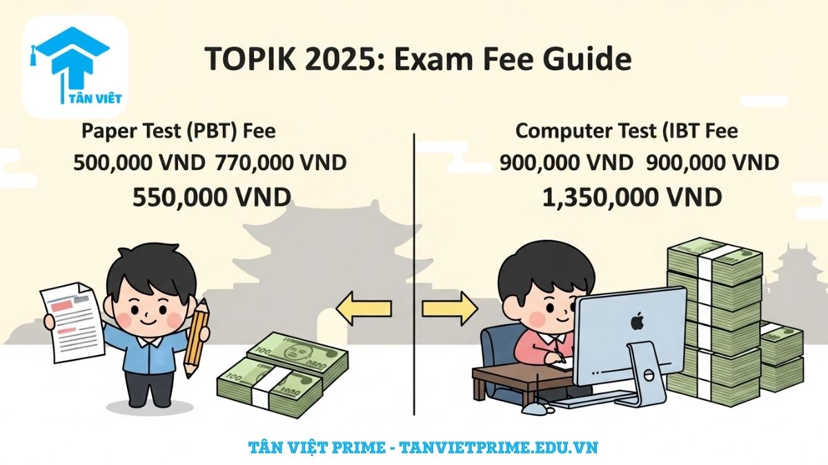 Infographic so sánh lệ phí thi TOPIK 2025, mô tả hai hình thức thi trên giấy (PBT) và trên máy tính (IBT) cùng chi phí tương ứng để làm rõ sự khác biệt về tài chính. Cập nhật chi phí thi tiếng Hàn mới nhất.