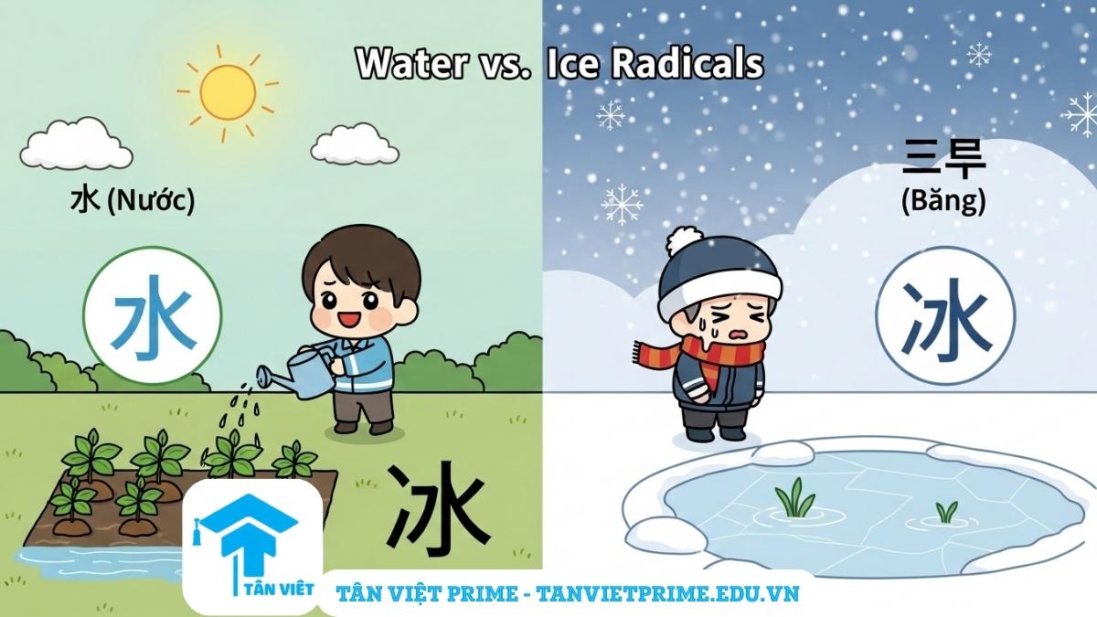 Chữ Thủy (水) và Bộ Ba Chấm Thủy (氵): Hướng Dẫn Toàn Tập A-Z 3 Hình ảnh minh họa phân biệt bộ ba chấm Thủy (氵) và bộ Băng (冫), mô tả sự khác biệt về số nét và ý nghĩa (nước lỏng vs. băng lạnh) qua hai bối cảnh đối lập, giúp người học nhận biết chính xác.