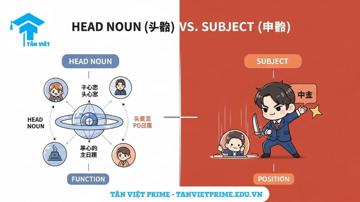 Infographic so sánh sự khác biệt giữa trung tâm ngữ (中心语) và chủ ngữ (主语) trong tiếng Trung, mô tả rõ vai trò, chức năng và vị trí của từng thành phần bằng hình ảnh chibi dễ thương. Giúp người học phân biệt chính xác hai khái niệm ngữ pháp này.