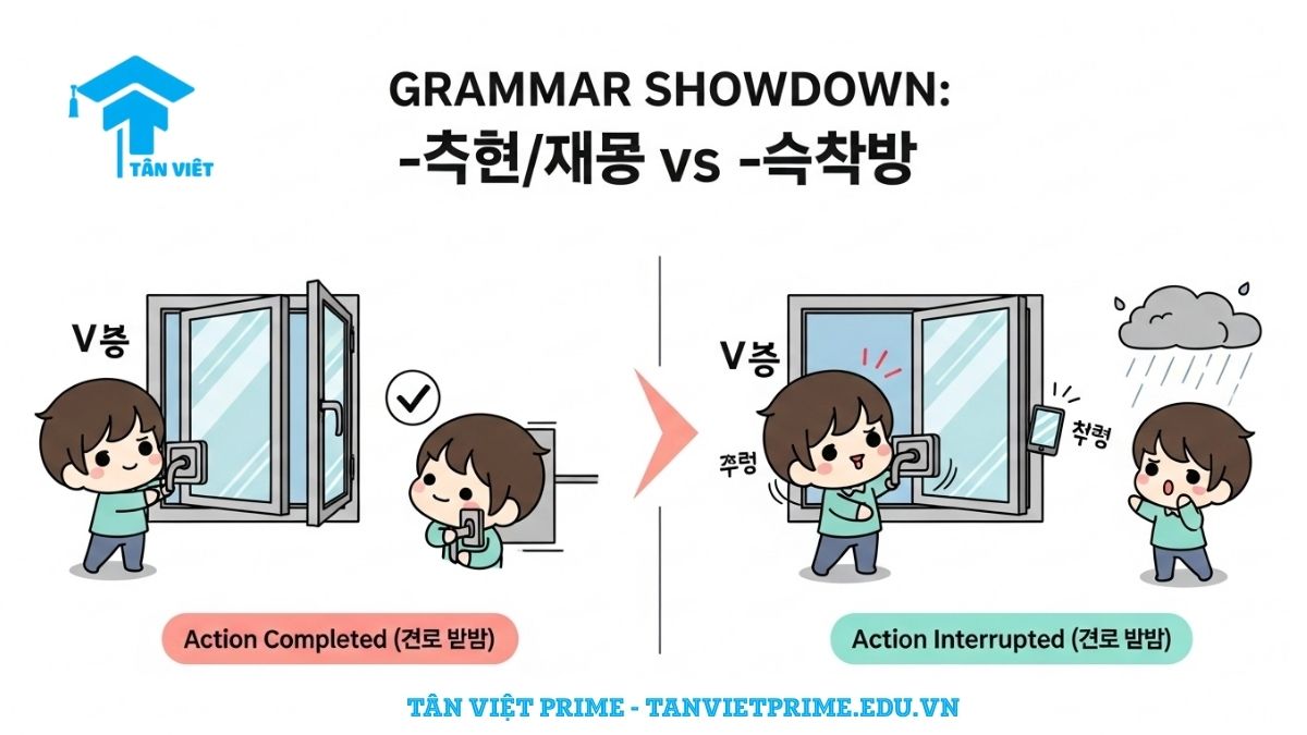 Ngữ pháp V-았/었/였다가: Phân biệt A-Z với -다가 ("Đã... rồi lại..." vs "Đang...") 2 Infographic giải thích sự khác biệt giữa V-았/었/였다가 và V-다가, mô tả một nhân vật Chibi 'đã mở cửa sổ rồi đóng lại' (hoàn thành) so sánh với 'đang mở cửa sổ thì trời mưa' (gián đoạn) để làm rõ sự khác biệt giữa hành động hoàn thành và hành động bị gián đoạn.