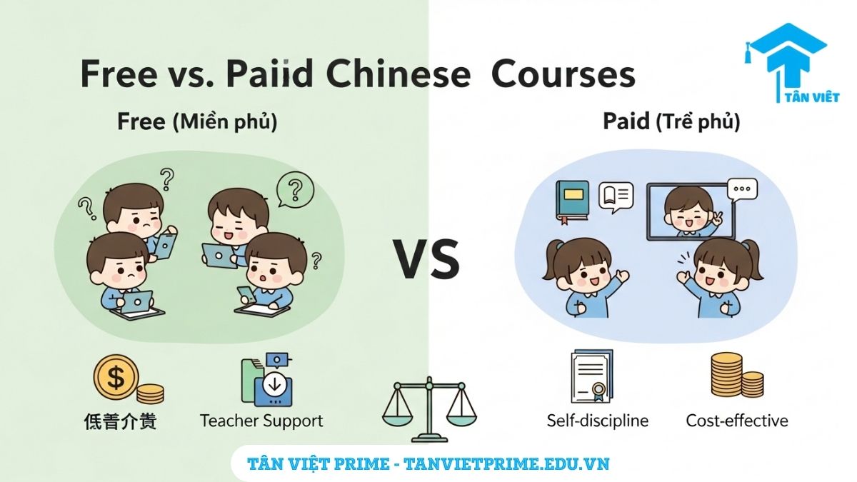 Infographic so sánh khóa học tiếng Trung online, mô tả sự khác biệt giữa các khóa học miễn phí và trả phí về cấu trúc, hỗ trợ giáo viên và chi phí để làm rõ ưu nhược điểm của từng loại hình.