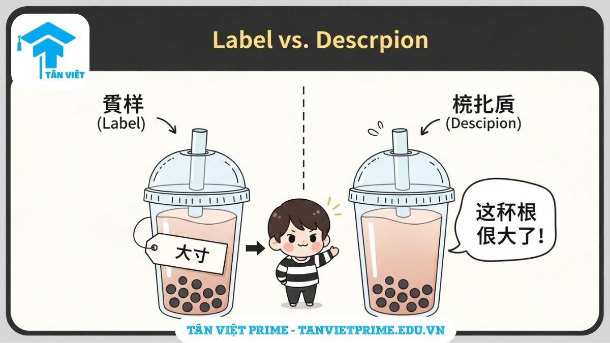 Từ Khu Biệt trong Tiếng Trung (区别词): Hướng Dẫn Toàn Diện A-Z & Phân Biệt Với Tính Từ 2 Infographic giải thích sự khác biệt giữa Từ khu biệt và Tính từ trong tiếng Trung, mô tả một nhân vật chibi so sánh một ly trà sữa được dán nhãn "大型" với một ly được miêu tả là "很大" để làm rõ khái niệm "nhãn dán" và "miêu tả". Giúp người học tránh nhầm lẫn ngữ pháp.
