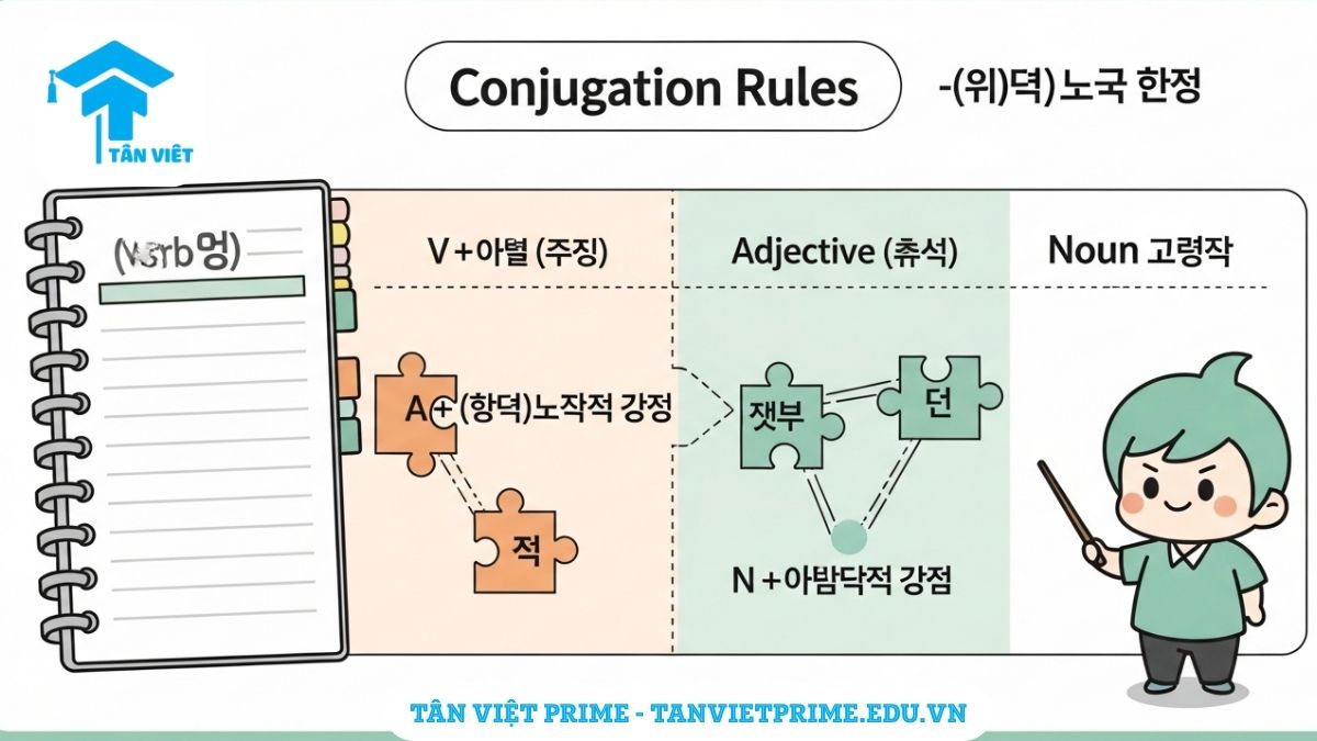 Ngữ Pháp A/V-(으)ㄴ/는 탓에: Toàn Tập Cách Dùng "Tại Vì" Tiêu Cực & Phân Biệt A-Z 3 Sơ đồ tư duy bảng chia ngữ pháp -(으)ㄴ/는 탓에, mô tả cách kết hợp với Động từ, Tính từ và Danh từ để làm rõ quy tắc chia thì hiện tại và quá khứ.