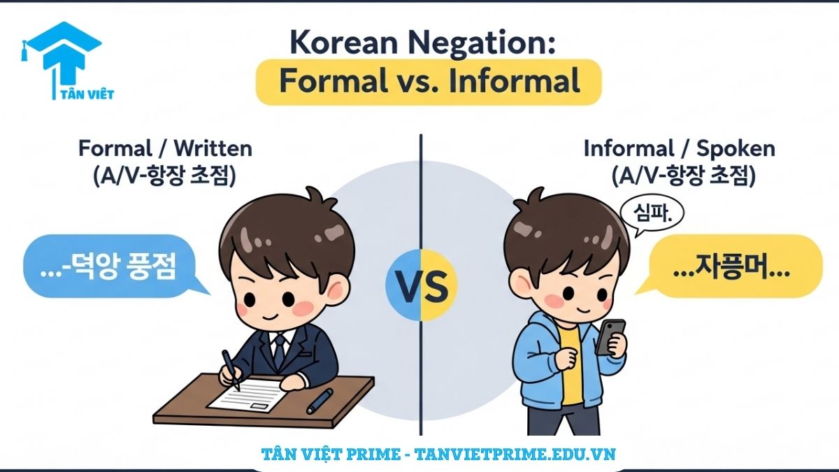 Infographic so sánh ngữ pháp phủ định tiếng Hàn: "A/V-지 않다" (dùng trong văn viết, trang trọng) và "안" (dùng trong văn nói, thân mật), minh họa bằng hình ảnh chibi viết email và nhắn tin.