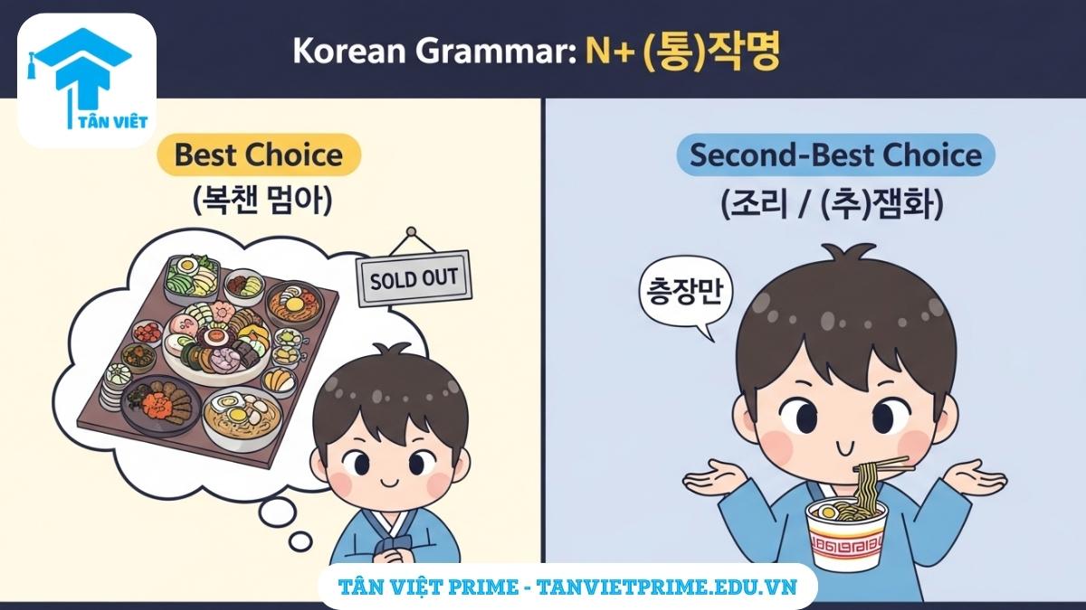 Infographic giải thích ngữ pháp tiếng Hàn N + (이)라도, mô tả một nhân vật chibi muốn ăn bữa ăn thịnh soạn (lựa chọn tốt nhất) nhưng đã hết, nên đành chấp nhận ăn mì ramen (lựa chọn thứ hai) để làm rõ ý nghĩa "đành chấp nhận, ít nhất thì...".