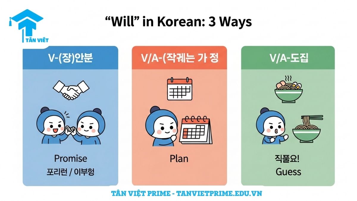 Ngữ pháp (으)ㄹ게요: Phân biệt (으)ㄹ 거예요 & 겠다 | Tân Việt Prime 2 Infographic so sánh 3 ngữ pháp "sẽ" tiếng Hàn. Ba cột: (으)ㄹ게요 (lời hứa - icon hứa hẹn), (으)ㄹ 거예요 (kế hoạch - icon lịch), và 겠다 (phỏng đoán - icon suy nghĩ), giúp phân biệt rõ ràng cách dùng.