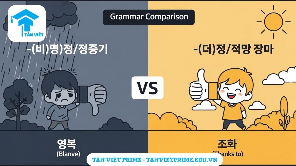 Ngữ Pháp A/V-(으)ㄴ/는 탓에: Toàn Tập Cách Dùng "Tại Vì" Tiêu Cực & Phân Biệt A-Z 4 Infographic so sánh ngữ pháp -(으)ㄴ/는 탓에 và -(으)ㄴ/는 덕분에, mô tả hai thái cực kết quả xấu và tốt để làm rõ cách dùng "Tại vì" (đổ lỗi) và "Nhờ vào" (biết ơn).