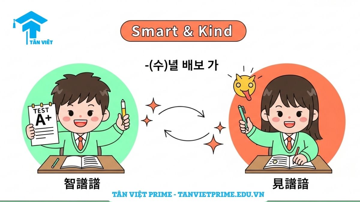 Tranh minh họa ví dụ ngữ pháp -(으)ㄹ 뿐만 아니라: Bạn học sinh không những thông minh mà còn tốt bụng, giúp đỡ bạn bè.