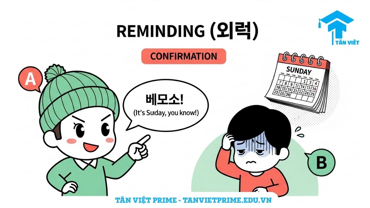 Ngữ Pháp A/V-잖아요: Toàn Tập Cách Dùng "Mà, Chứ Lị" & Phân Biệt Với -거든요 3 Tranh minh họa tình huống giao tiếp tiếng Hàn dùng đuôi câu "잖아요", mô tả một nhân vật đang nhắc nhở bạn mình về một sự thật đã quên (ví dụ: hôm nay là Chủ nhật), giúp người học hiểu sắc thái "Tôi đã bảo rồi mà" hoặc "Nhắc lại sự thật".