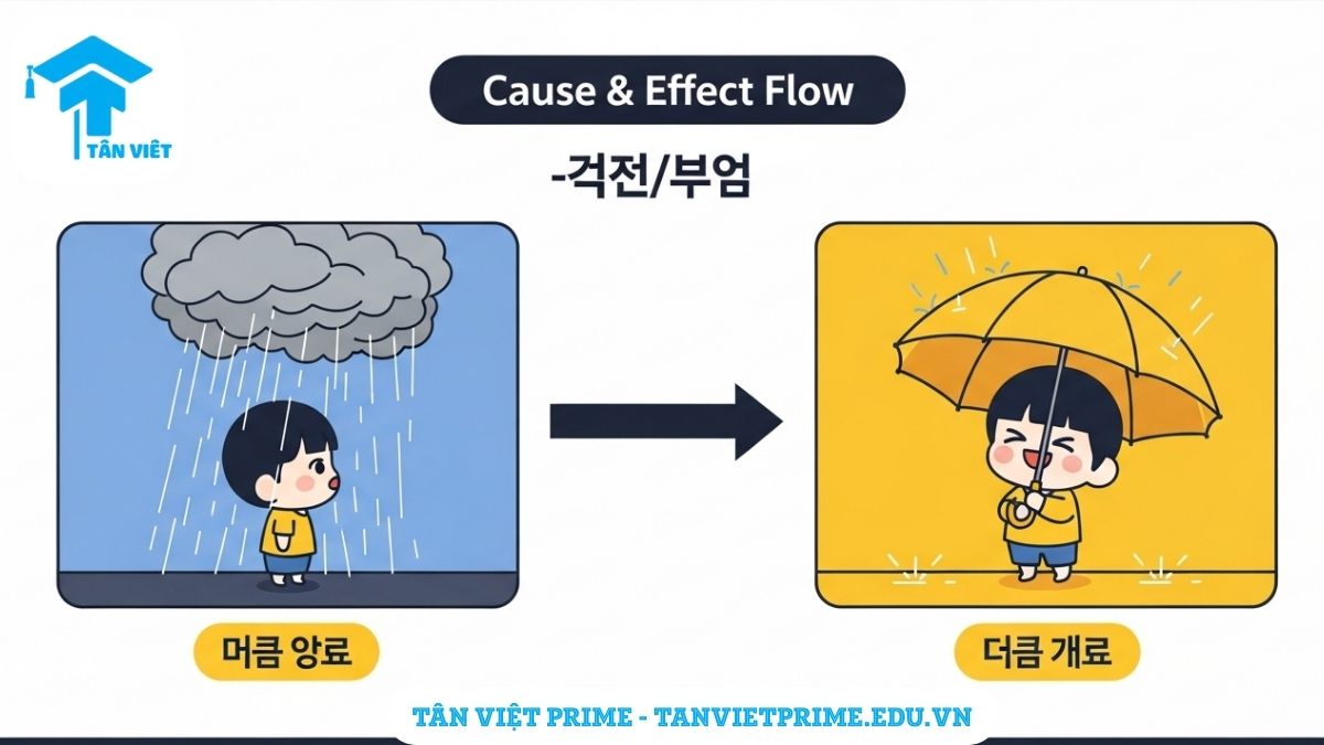 Hình ảnh minh họa ngữ pháp -(으)니까 dùng trong câu rủ rê, đề nghị, với nhân vật chibi đang rủ bạn đi ăn kem, giúp người học hiểu cách dùng chủ quan của cấu trúc này.