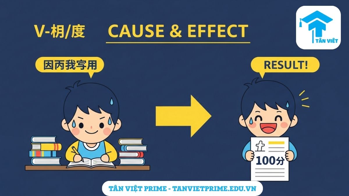 Infographic mô tả cấu trúc nguyên nhân kết quả của ngữ pháp -았/었더니, hình ảnh học sinh chibi học chăm chỉ và đạt điểm cao.