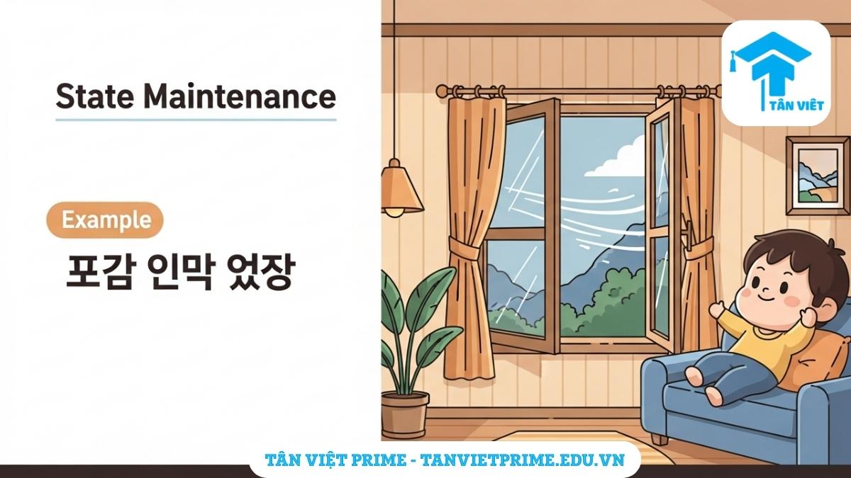 Infographic minh họa ngữ pháp tiếng Hàn V-아/어 놓다 diễn tả trạng thái duy trì kết quả của hành động, ví dụ cụ thể là hành động mở cửa sổ và để nguyên trạng thái mở.