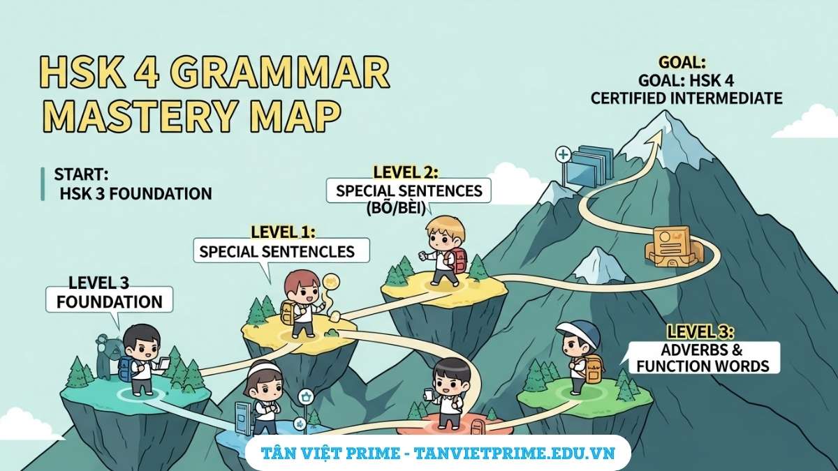 Infographic dạng bản đồ lộ trình học tập giải thích hệ thống ngữ pháp HSK 4, mô tả các chặng đường từ kiến thức nền tảng đến các cấu trúc câu phức tạp như câu chữ Ba, câu bị động và bổ ngữ nâng cao để làm rõ quá trình chuyển đổi lên trình độ trung cấp. Hình ảnh giúp người học hình dung tổng quan kiến thức cần chinh phục.