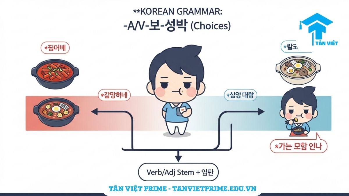 Infographic minh họa ngữ pháp tiếng Hàn -든지 -든지, mô tả một nhân vật chibi đứng giữa hai lựa chọn đối lập (cay hoặc không cay) nhưng kết quả vẫn giống nhau, giúp làm rõ khái niệm sự lựa chọn không ảnh hưởng đến kết quả. Hình ảnh bao gồm công thức chia động từ cơ bản.