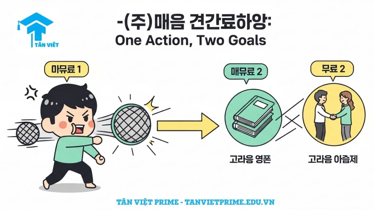 Hình ảnh minh họa phong cách chibi dễ thương giải thích ngữ pháp tiếng Hàn "-(으)ㄹ 겸", mô tả một nhân vật thực hiện một hành động duy nhất (ném đá/lưới) nhưng đạt được hai mục tiêu cùng lúc (học tiếng Hàn và kết bạn), để làm rõ khái niệm làm một việc với mục đích kép. Giúp người học dễ dàng hình dung ý nghĩa "tiện thể" hoặc "vừa để... vừa để...".