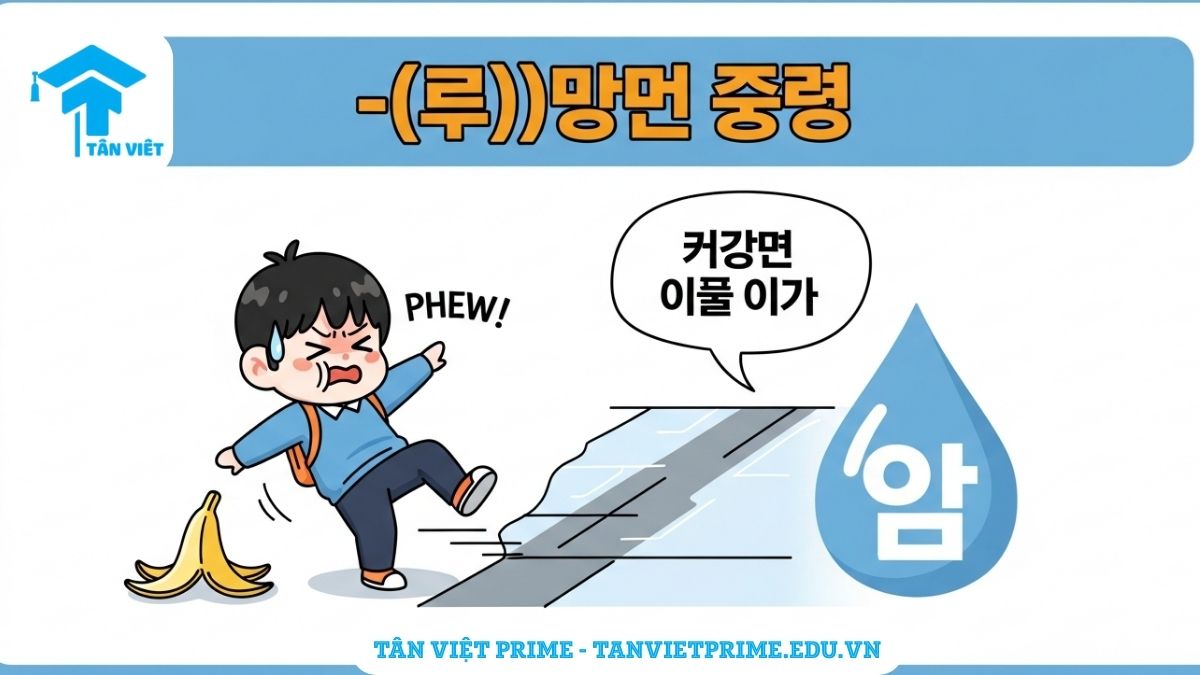 Ngữ Pháp V-(으)ㄹ 뻔하다: Toàn Tập Cách Dùng "Suýt Nữa Thì..." 2 Hình ảnh minh họa phong cách Chibi dễ thương giải thích ngữ pháp "-(으)ㄹ 뻔하다", mô tả một nhân vật bị trượt chân nhưng lấy lại được thăng bằng và không bị ngã, giúp người học hình dung rõ ý nghĩa "suýt nữa thì" và cảm giác nhẹ nhõm.