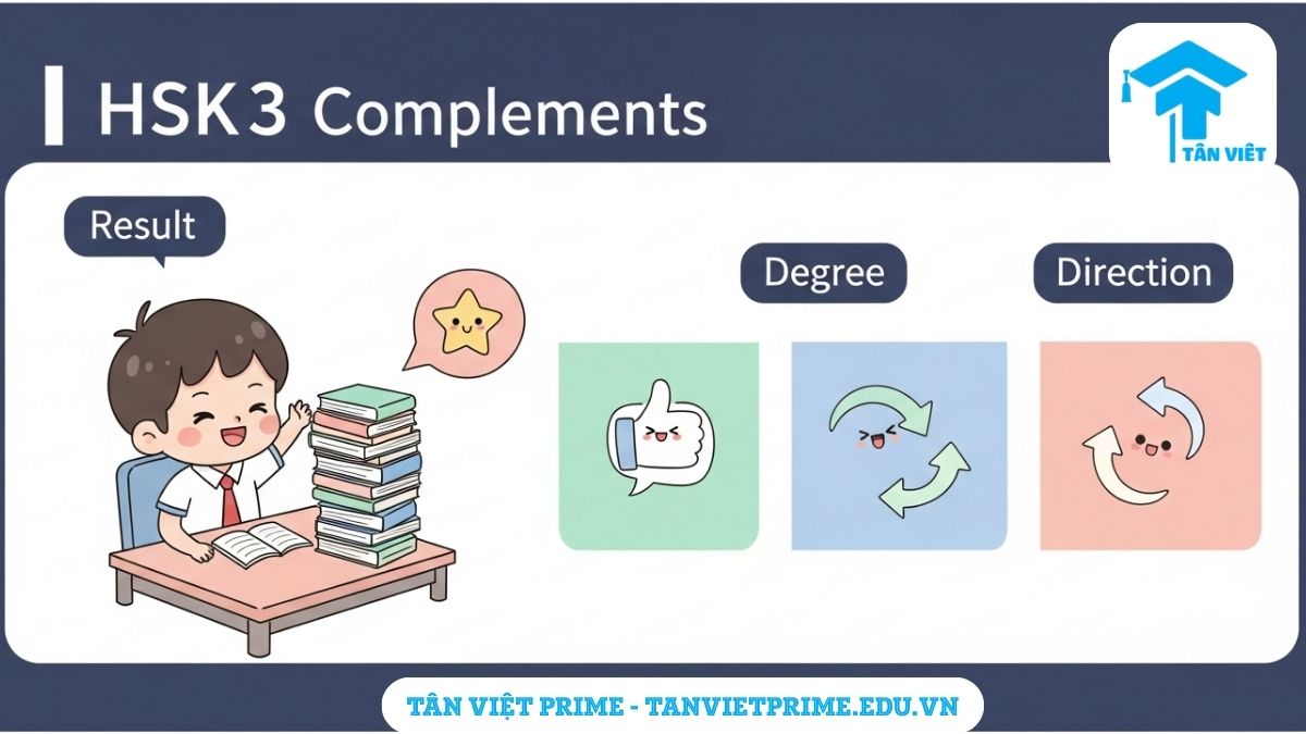Infographic giải thích 3 loại Bổ ngữ quan trọng trong ngữ pháp HSK 3: Bổ ngữ kết quả, Bổ ngữ trình độ và Bổ ngữ xu hướng, giúp người học phân biệt cách dùng dễ dàng.
