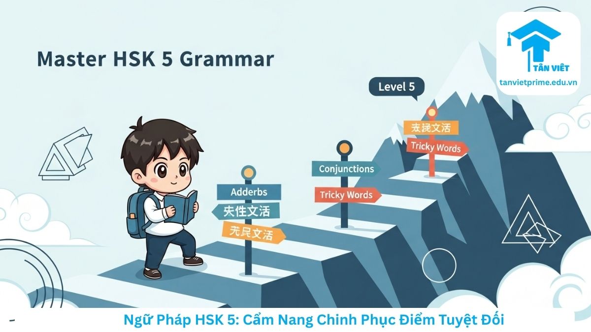 Tổng Hợp Ngữ Pháp HSK 5 Toàn Tập (A-Z): Cẩm Nang Ôn Thi Mới Nhất 2025 2 Hình ảnh minh họa lộ trình chinh phục ngữ pháp HSK 5, mô tả nhân vật học sinh chibi đang leo núi tri thức với các cột mốc quan trọng như phó từ, liên từ và từ vựng khó, giúp người học hình dung cấu trúc bài thi HSK 5 một cách trực quan.