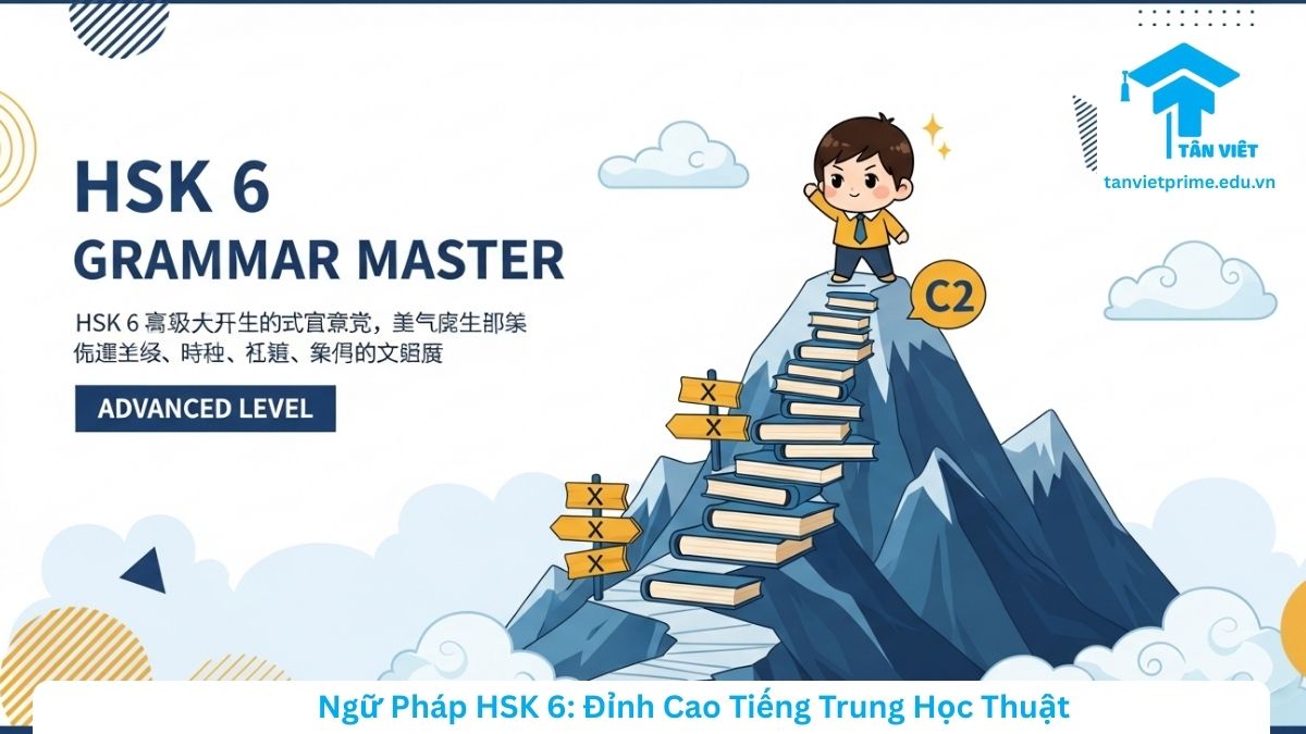 Tổng Hợp Ngữ Pháp HSK 6 Toàn Tập (A-Z): Cẩm Nang Ôn Thi Mới Nhất 2026 2 Hình ảnh minh họa lộ trình chinh phục ngữ pháp HSK 6 toàn tập, mô tả nhân vật chibi đứng trên đỉnh núi sách tượng trưng cho trình độ cao cấp C2, giúp người học hình dung sự chuyển đổi từ khẩu ngữ sang văn phong học thuật.