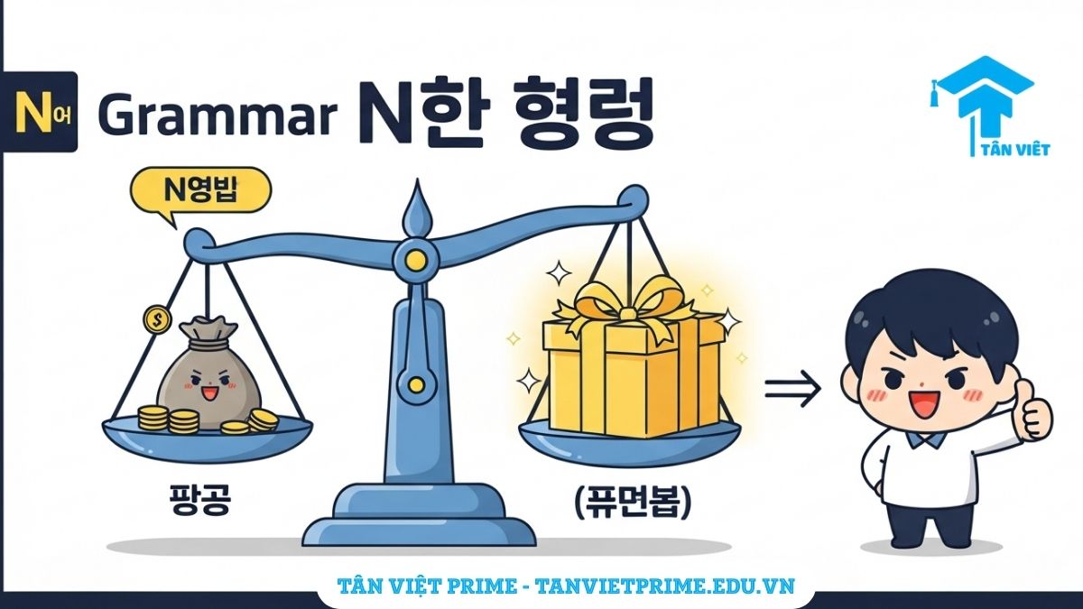 Hình ảnh minh họa cân bằng cán cân giải thích ngữ pháp N에 비해(서), mô tả tình huống "chất lượng tốt so với giá cả" để làm rõ ý nghĩa so sánh dựa trên tiêu chuẩn. Giúp người học dễ hình dung cách dùng trong mua sắm.