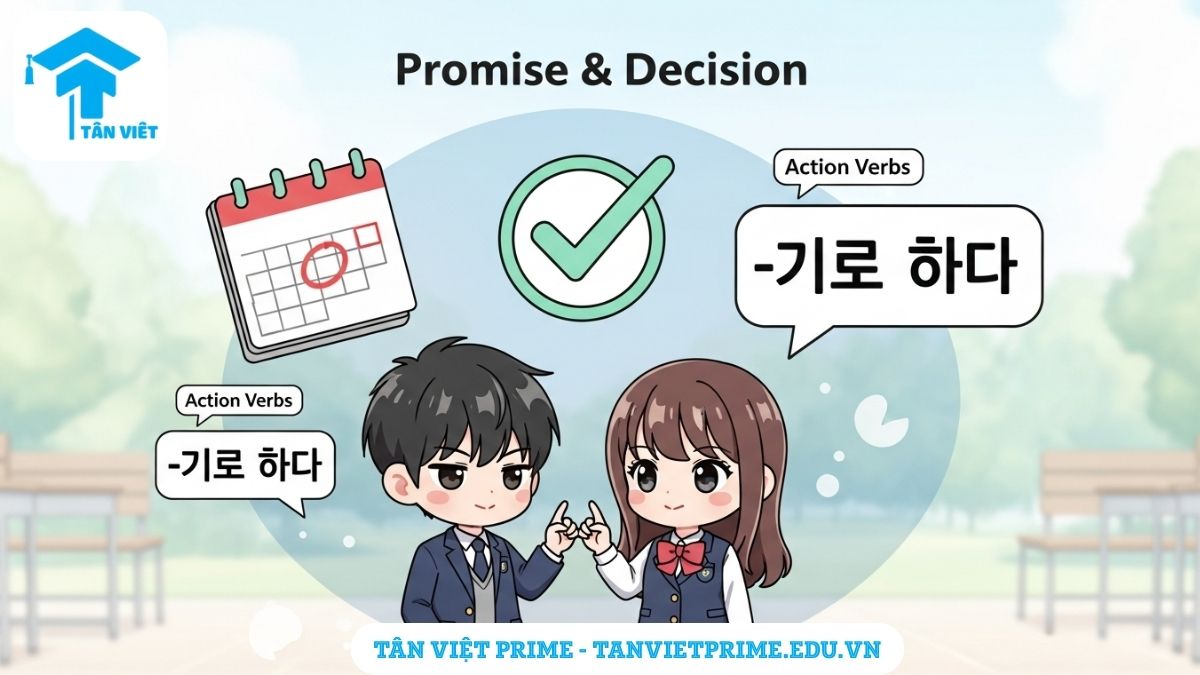 Hình ảnh minh họa hai nhân vật Chibi ngoéo tay hứa hẹn, biểu tượng cho ngữ pháp V-기로 하다 diễn tả sự quyết tâm và cam kết chắc chắn trong tiếng Hàn.