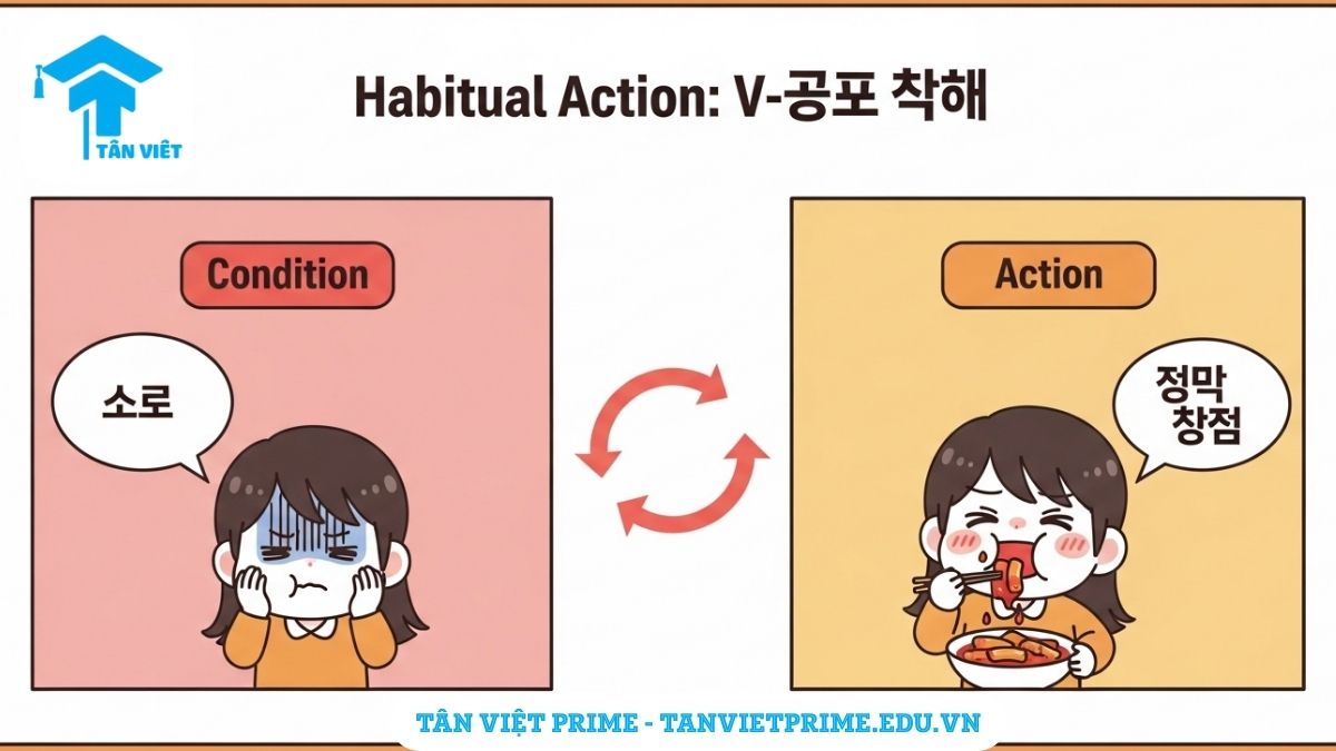 Ngữ Pháp V-곤 하다: Toàn Tập Cách Dùng "Thường/Hay" & Phân Biệt A-Z 2 Hình ảnh minh họa chibi dễ thương giải thích ngữ pháp V-곤 하다, mô tả tình huống nhân vật thường ăn đồ cay khi bị stress để làm rõ ý nghĩa diễn tả thói quen lặp đi lặp lại.