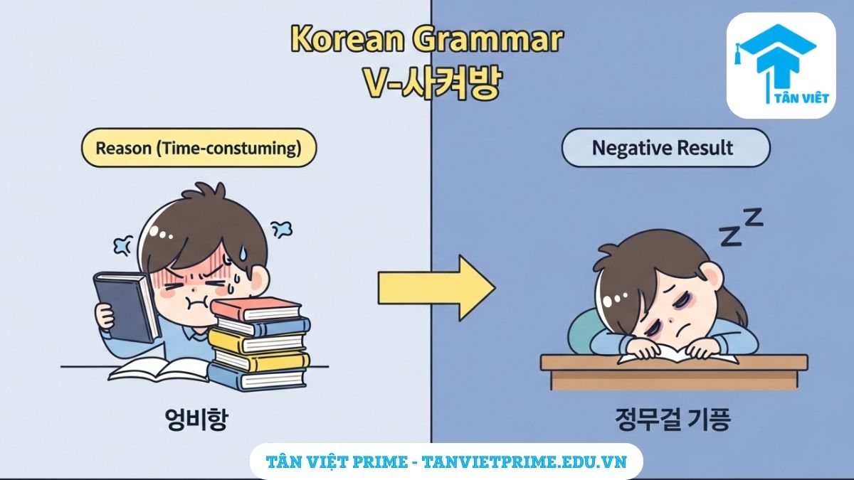 Ngữ Pháp V-느라고 Toàn Tập: Cách Dùng "Vì Mải... Nên" & Phân Biệt A-Z 2 Hình ảnh minh họa ngữ pháp V-느라고 theo phong cách chibi dễ thương, mô tả quá trình một nhân vật mải mê học tập dẫn đến kết quả tiêu cực là không ngủ được, giúp người học hiểu rõ cấu trúc nguyên nhân - kết quả trong tiếng Hàn.