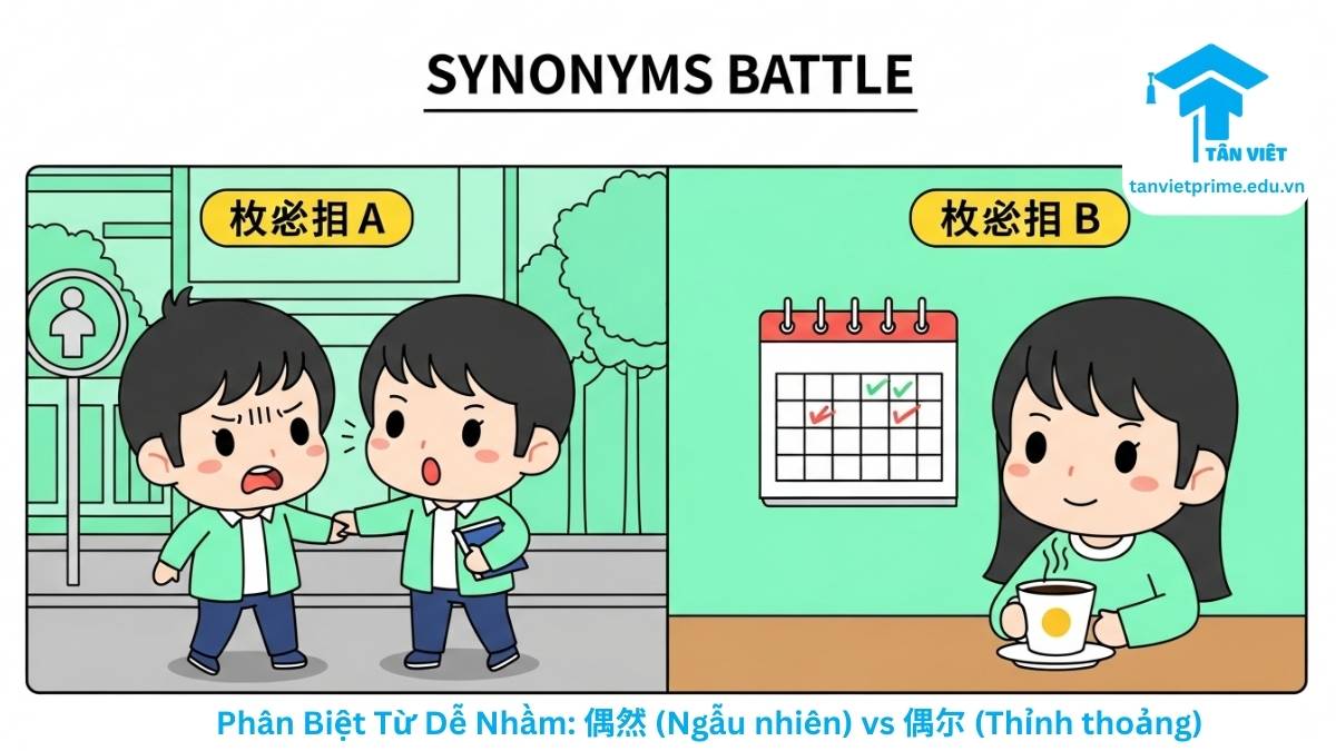 Tổng Hợp Ngữ Pháp HSK 5 Toàn Tập (A-Z): Cẩm Nang Ôn Thi Mới Nhất 2025 3 Infographic so sánh sự khác biệt giữa hai từ dễ nhầm lẫn trong HSK 5 là 偶然 (Ngẫu nhiên) và 偶尔 (Thỉnh thoảng), sử dụng hình ảnh minh họa tình huống gặp gỡ bất ngờ và thói quen uống cà phê để làm rõ ngữ cảnh sử dụng, giúp phân biệt từ vựng HSK 5 hiệu quả.