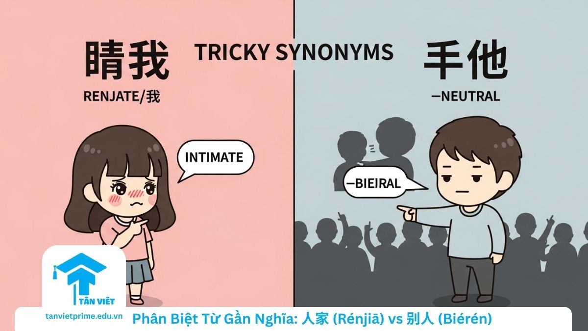 Tổng Hợp Ngữ Pháp HSK 6 Toàn Tập (A-Z): Cẩm Nang Ôn Thi Mới Nhất 2026 3 Infographic so sánh sự khác biệt giữa hai đại từ dễ nhầm lẫn trong HSK 6 là 人家 (Người ta/Mình) và 别人 (Người khác), sử dụng hình ảnh minh họa tình huống thân mật và trung tính để phân biệt ngữ khí và cách dùng đúng.