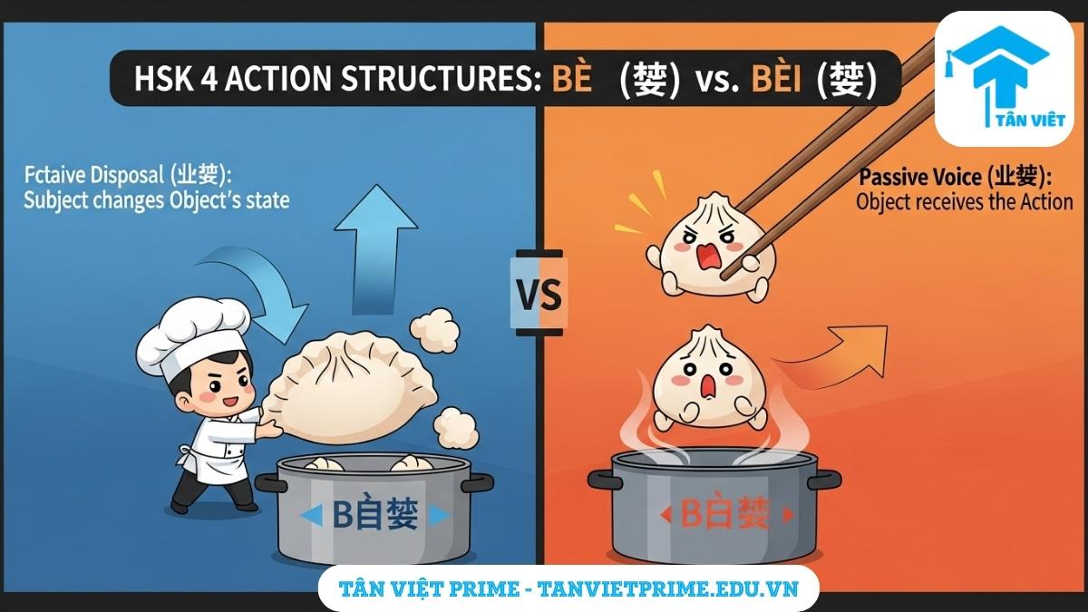 Hình ảnh minh họa so sánh trực quan giải thích hai cấu trúc câu đặc biệt quan trọng nhất trong ngữ pháp HSK 4, mô tả sự khác biệt giữa câu chủ động chữ "把" (Bǎ) nhấn mạnh tác động của chủ ngữ và câu bị động chữ "被" (Bèi) nhấn mạnh đối tượng chịu tác động để làm rõ cách sử dụng đúng trong thi cử. Giúp phân biệt lỗi sai ngữ pháp thường gặp.