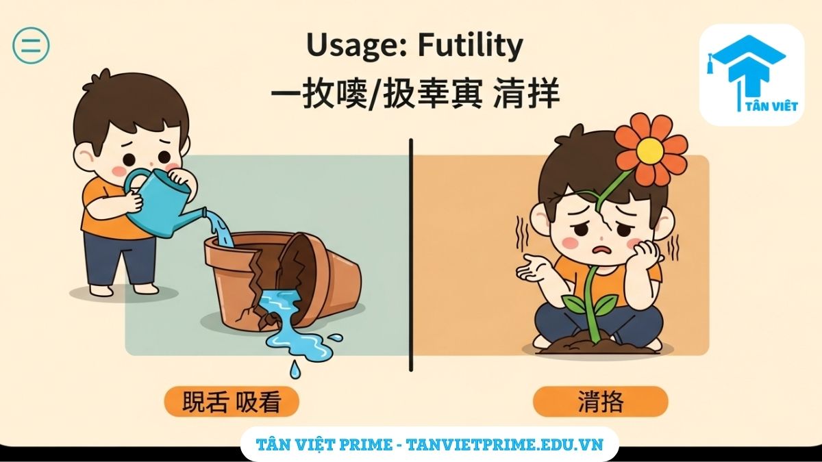 Hình ảnh minh họa ngữ pháp -아/어 봤자 theo phong cách chibi dễ thương, mô tả tình huống một nhân vật chạy theo xe buýt đã đi xa để giải thích ý nghĩa "dù có đi bây giờ thì cũng muộn rồi/vô ích".