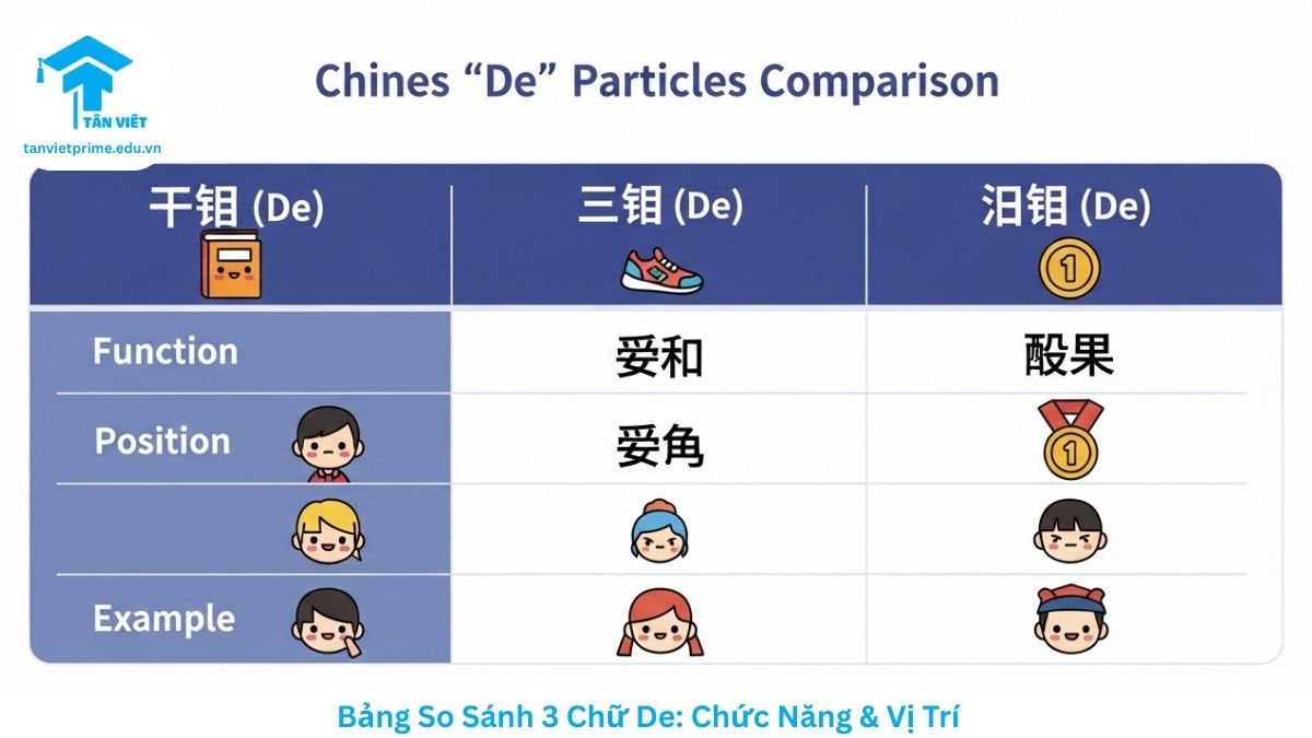 Cách Dùng 3 Chữ "De" (的, 地, 得): Mẹo Nhớ Nhanh & Tránh Lỗi Sai 3 Bảng so sánh chi tiết 3 chữ De (的, 地, 得) trong ngữ pháp tiếng Trung. Infographic trình bày chức năng, vị trí và ví dụ minh họa cho từng trợ từ Đích, Địa, Đắc dưới dạng bảng biểu trực quan, dễ hiểu, tối ưu cho SEO.