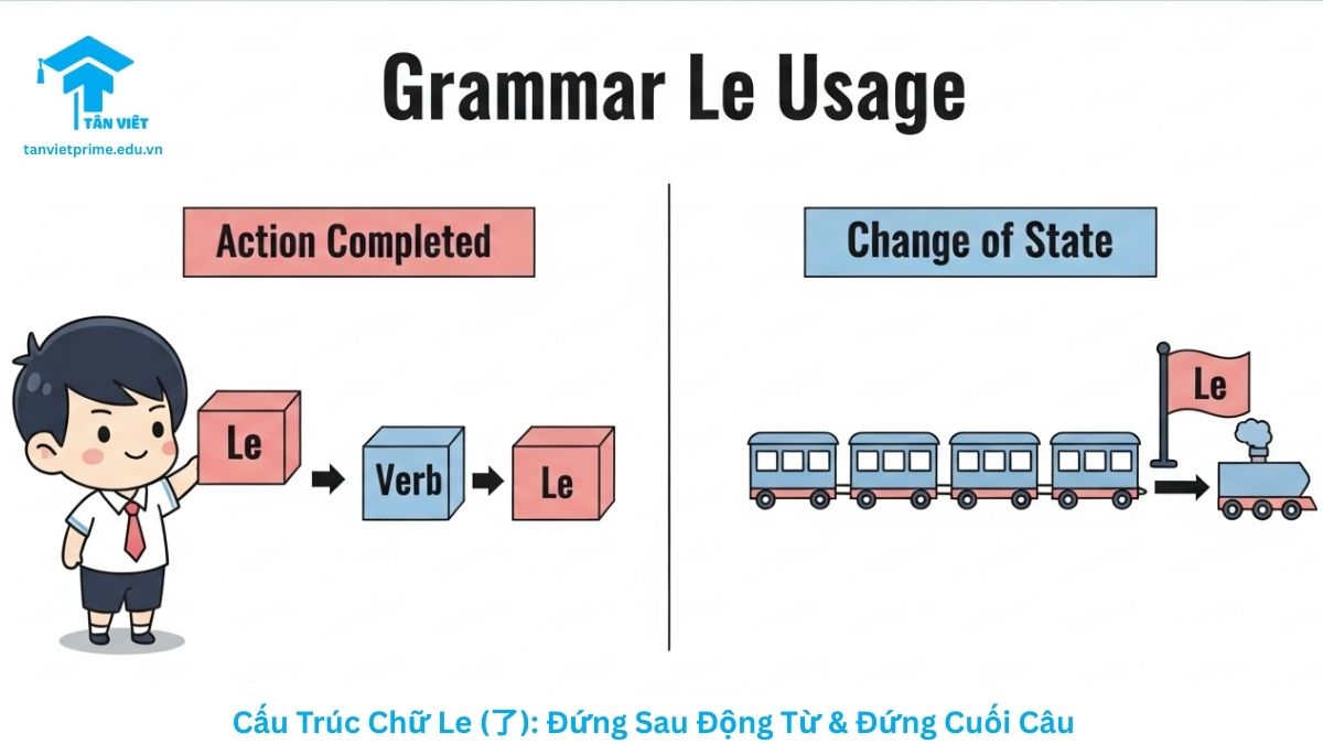 Infographic so sánh ngữ pháp tiếng Trung giải thích hai vị trí của chữ Le: đứng sau động từ (chỉ hành động hoàn thành) và đứng cuối câu (chỉ sự thay đổi trạng thái). Hình ảnh minh họa phong cách chibi dễ thương giúp người học dễ nhớ cấu trúc cơ bản.