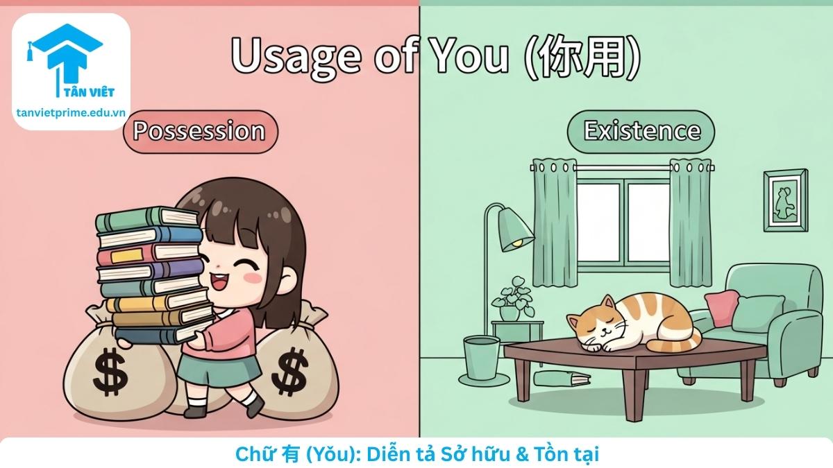 Infographic minh họa hai cách dùng chính của chữ You trong tiếng Trung, mô tả nhân vật ôm sách (sở hữu) và con mèo trên bàn (tồn tại) để làm rõ ngữ pháp cơ bản.