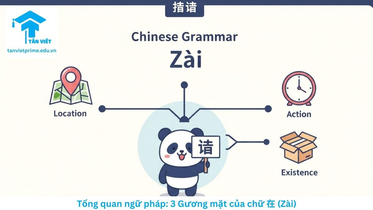 Sơ đồ tư duy tổng hợp 3 chức năng chính của chữ 在 (Zài) trong tiếng Trung: Động từ, Giới từ và Phó từ.