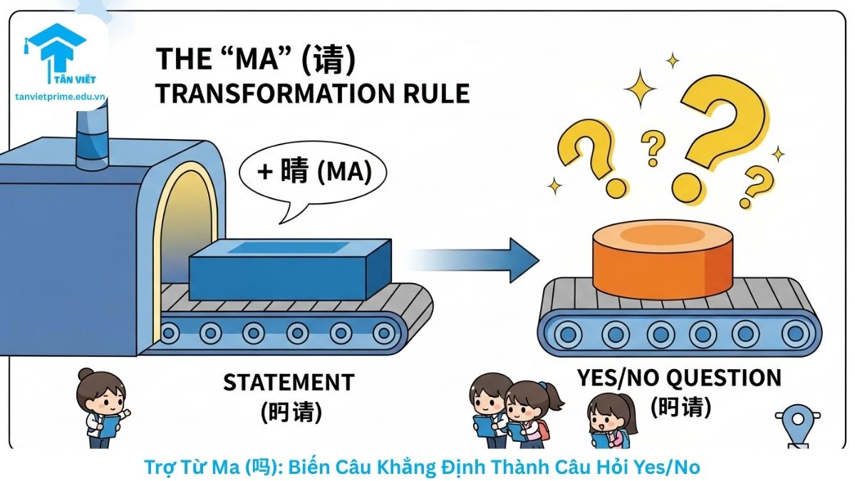Phân Biệt Ma (吗) và Ne (呢) Trong 5 Phút: Mẹo Nhớ Nhanh & Ví Dụ 3 Hình ảnh minh họa quy tắc ngữ pháp của trợ từ Ma (吗) trong tiếng Trung, mô tả quá trình biến một câu trần thuật thành câu hỏi Có/Không thông qua một dây chuyền sản xuất phép thuật dễ thương. Giúp người mới bắt đầu hiểu cấu trúc câu hỏi cơ bản.